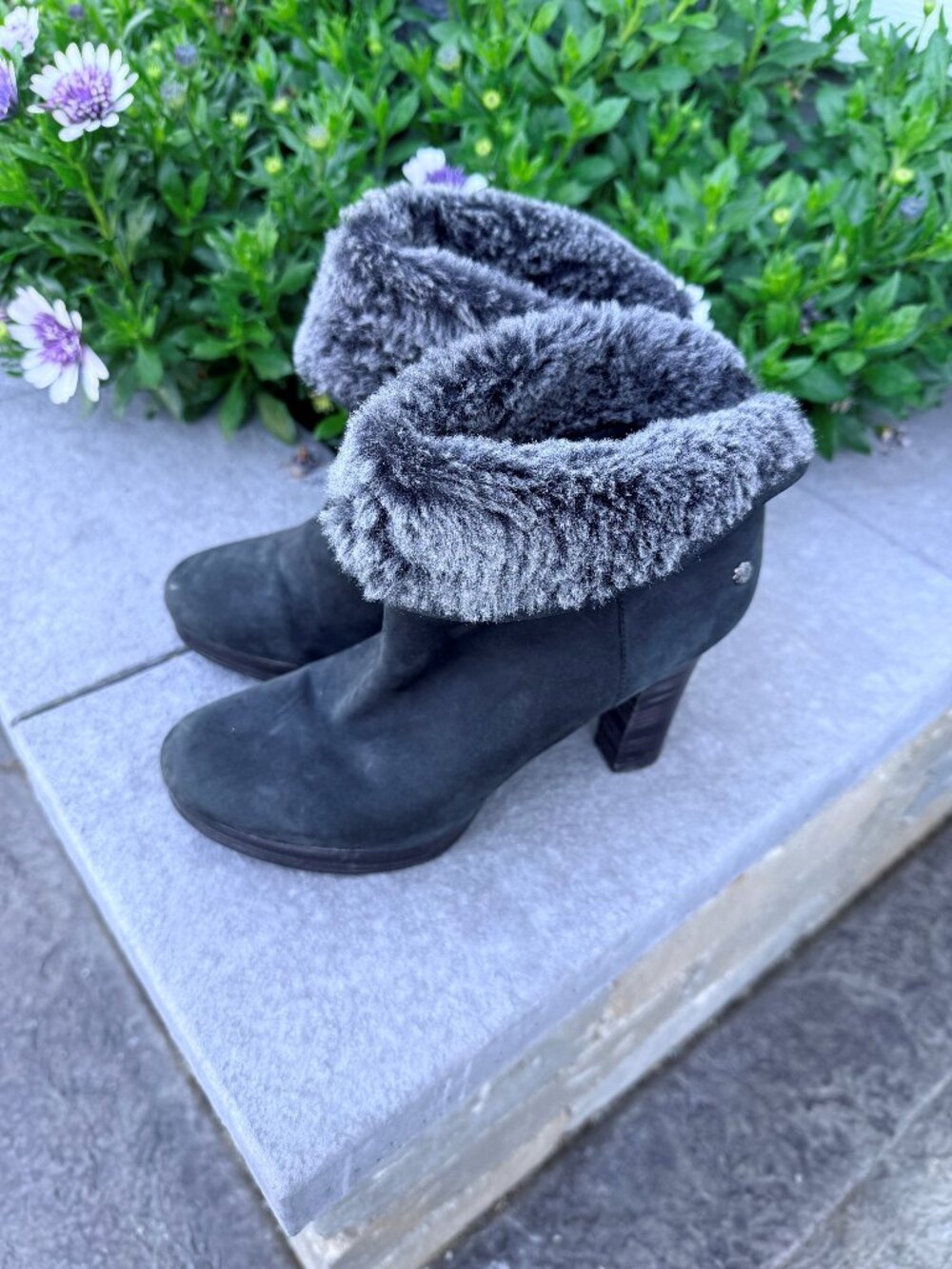 UGG Ankle Boots Womens 8.5 Dark Gray Suede Fur Cuff Heel Winter Booties